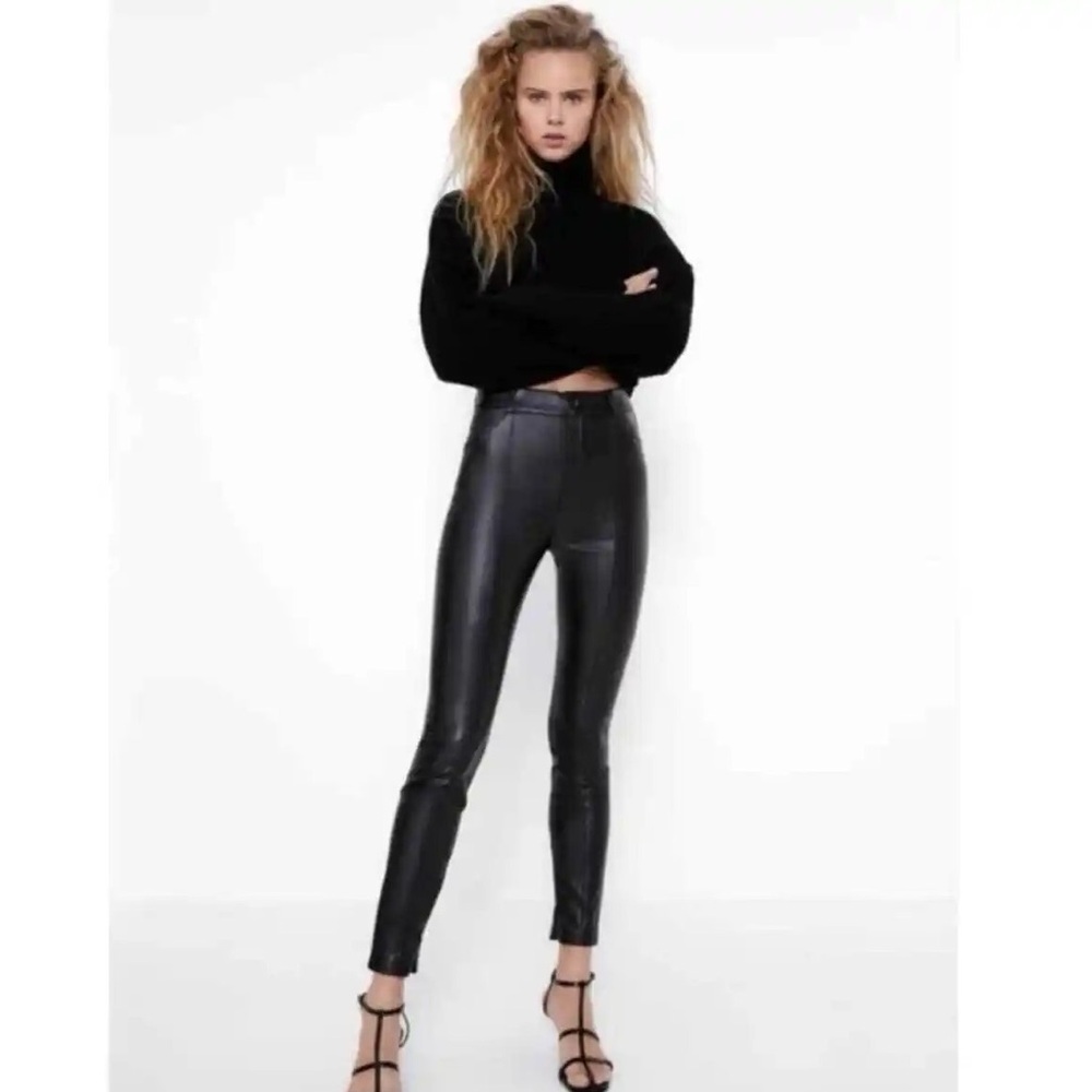 BNWT Zara Black Pleather Side Zipper/Ankle Zip Women's Mid Rise Pants